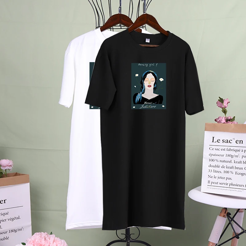 

Plus Size Women Dress Art Girls Print Vintage Mini Tshirt Dresses Party Club Summer Short Sleeved Simple Black White Vestidos
