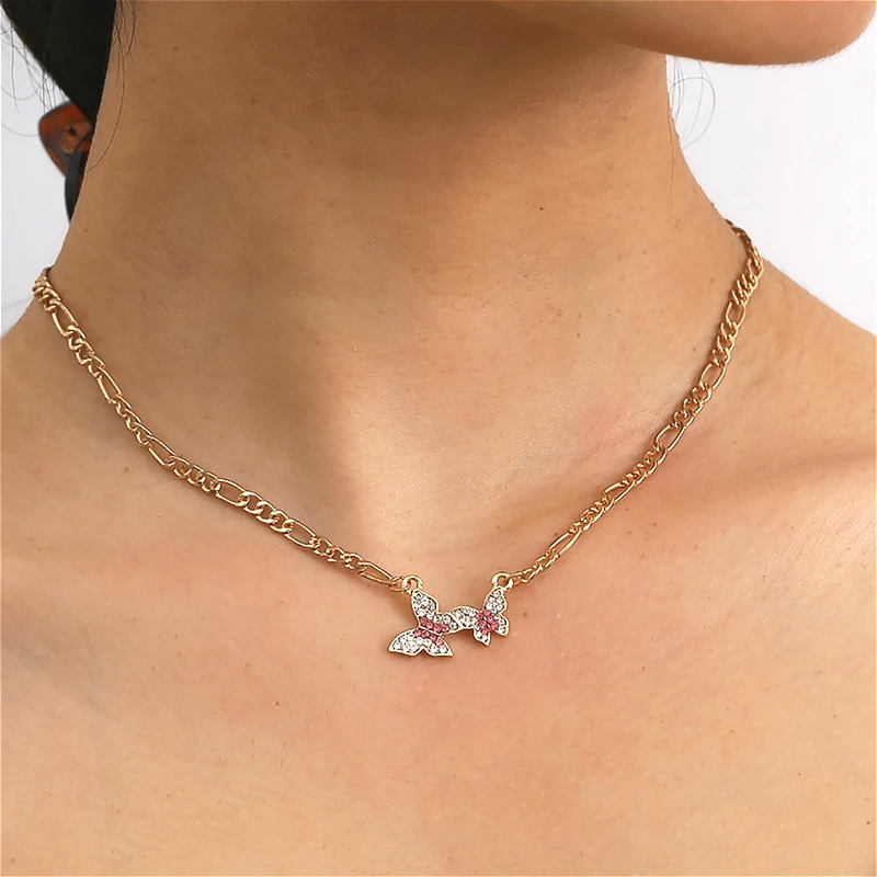 

2020 Trendy Butterfly Choker Neckalce For Women Rhinestone Butterfly Pendant Gold Color Metal Chain Neckalces Jewellery Collier
