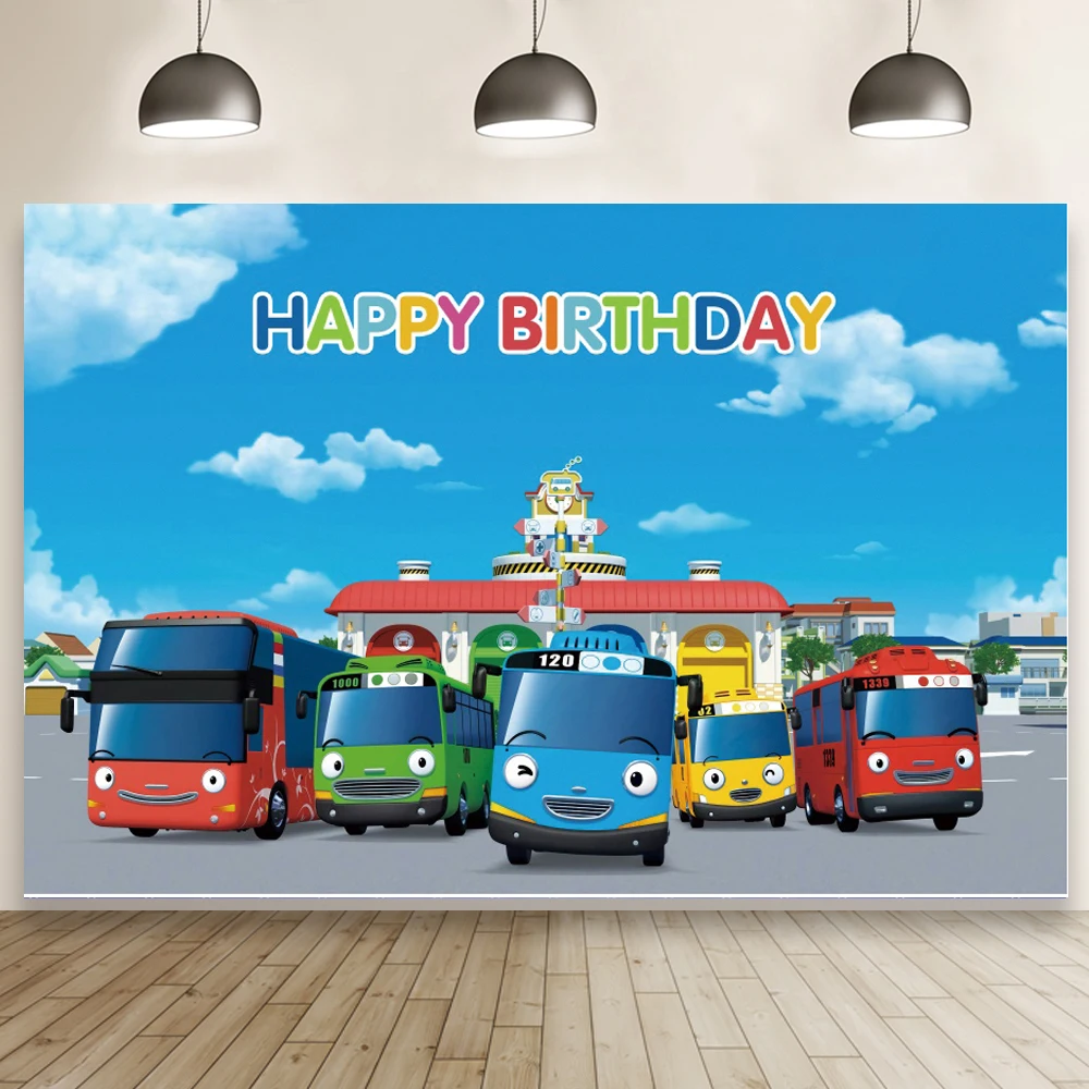 

Фон для фотосъемки с изображением мультяшного автомобиля автобуса и станции голубое небо облака декор для детской семейвечерние фон для но...