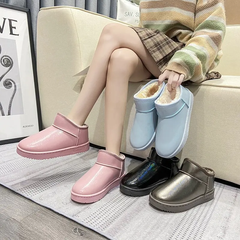 

Snow boots women's leather waterproof non-slip short tube thick bottom and velvet new warm and comfortable cotton shoes durable