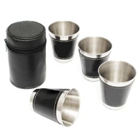 4pcs cups 1 leather box mini stainless steel wine alcohol faux leather box travel cup hip flask travel camping accessories