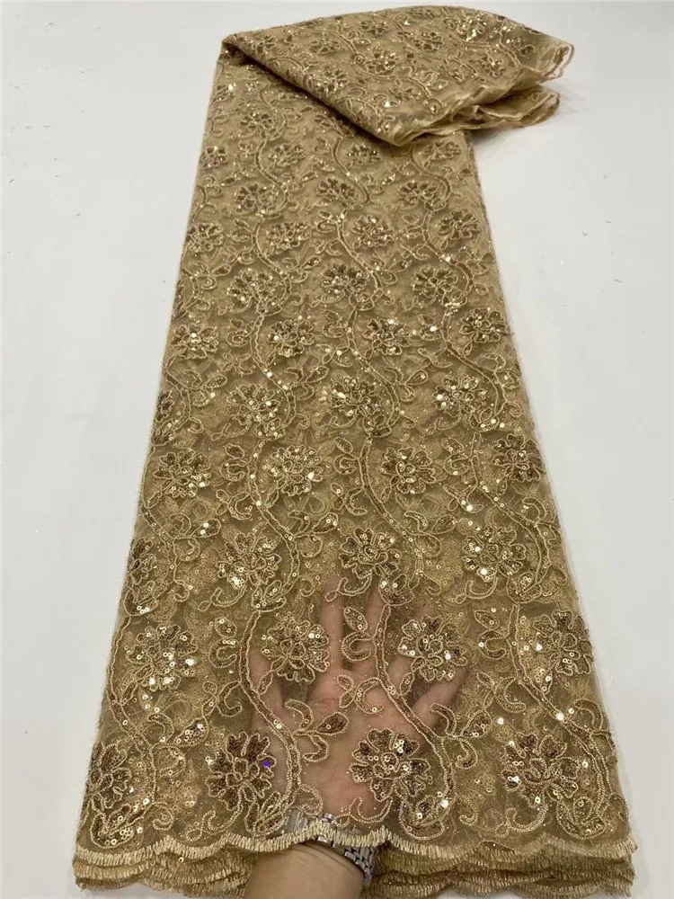 

African Sequins Lace Fabric gold High Quality Lace French Lace Fabric Sewing Nigerian Lace Fabrics For Dress FD493