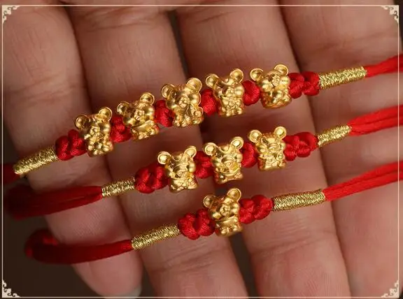 Настоящая 24K цепочка из желтого золота 3D год браслет с подвеской в виде мыши удача мышь Зодиак плетение веревка для женщин детский женский браслет 16-20cmL