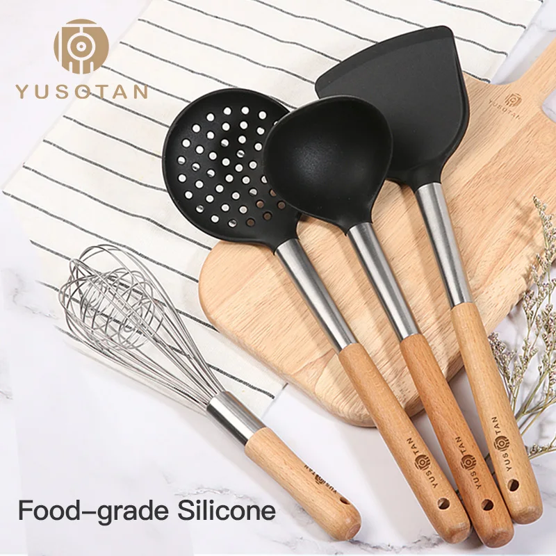 

Kitchenware spatula spoon set wooden handle cookware silicone stainless steel cooking shovel spoon full set of kitchen supplies