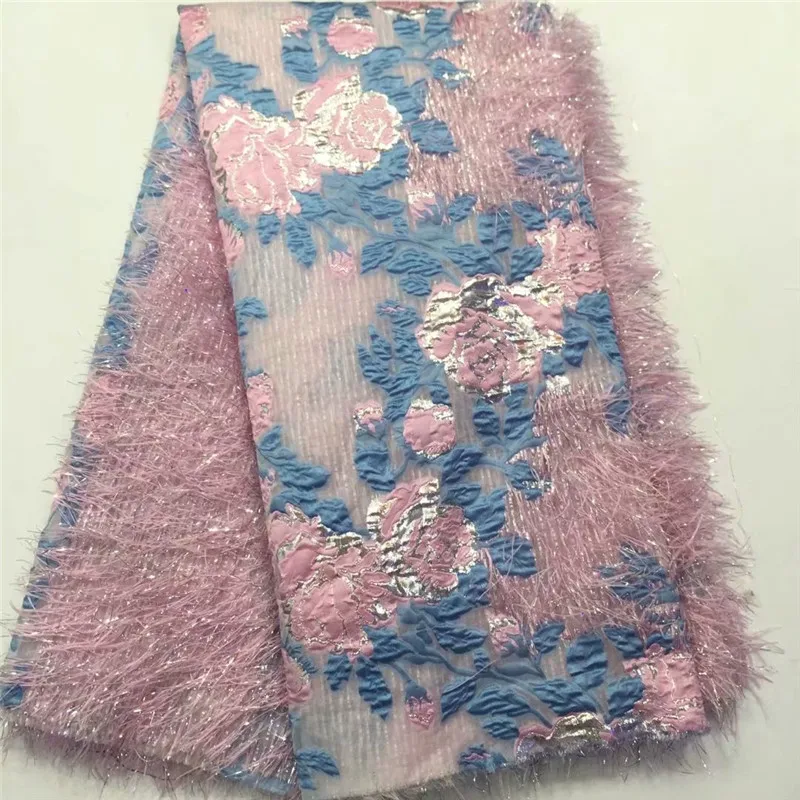 Африканское парчовое кружевное платье с кисточками розового цвета перьями