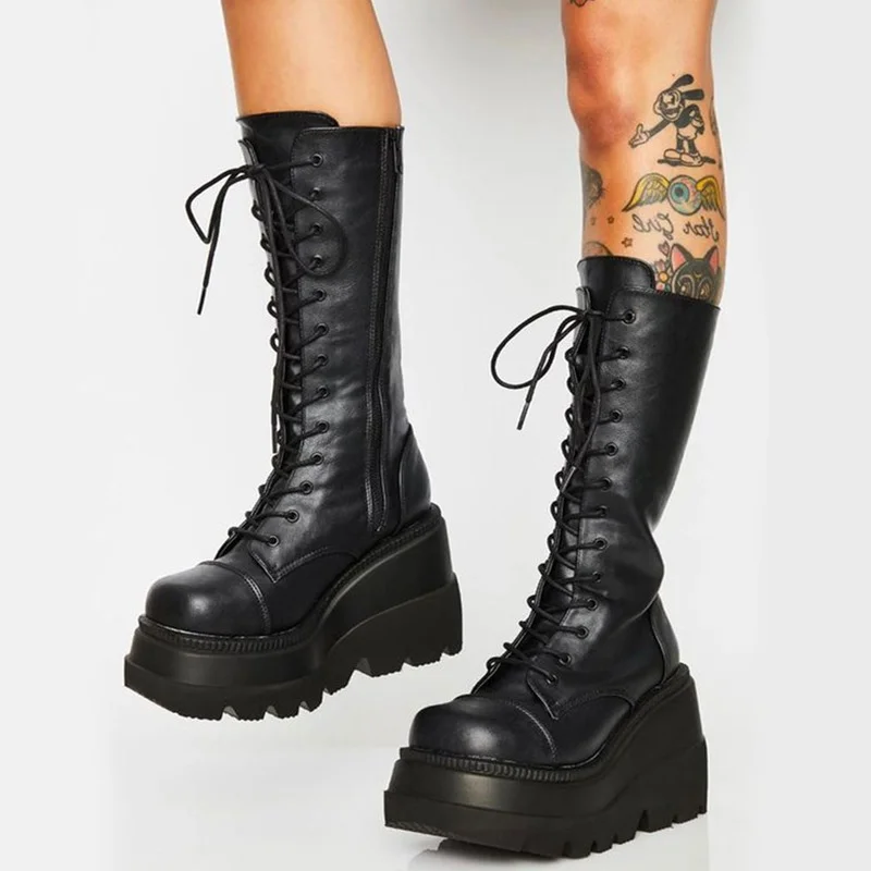 

Women's Mid-tube Boots Thick-soled Round Toe Lace-up Martin Boots Wedge Heel High Heels Comfortable Casual Shoes Zipper Boots