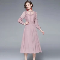 spring autumn fashion sweet women chiffon dresses runway round neck lace splicing long sleeve pink elegant holiday dress