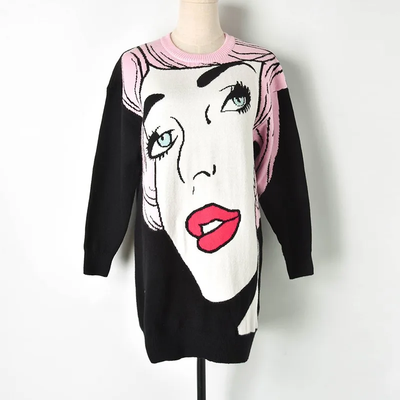 2019 Spring Oversized Sweaters Fashion Hit Color Abstract Beauty Avatar Pattern Jacquard Loose Long New Women Pullovers | Женская одежда
