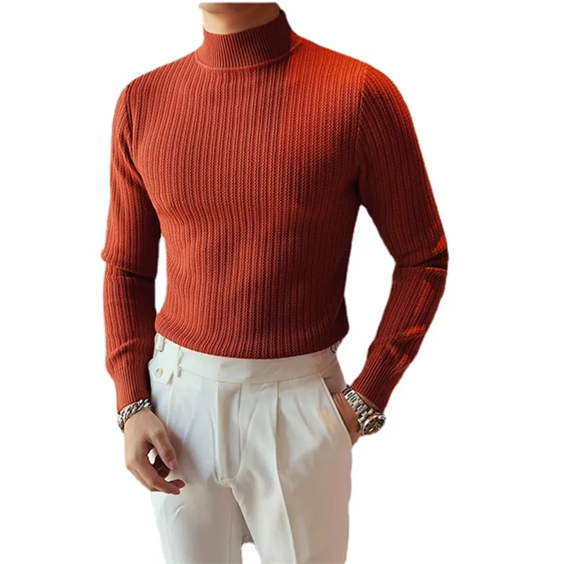 

Pure Color Men Half Turtleneck Knitted Sweater Fashion Wave Striped Tops Mens Clothing Slim Fit Business Casual Pullover