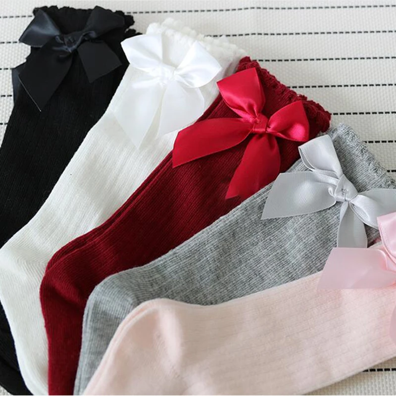 

Girls Autumn Knee Socks Big Bow Knee High Solid Color Long Socks Winter Kids Princess Children Socks