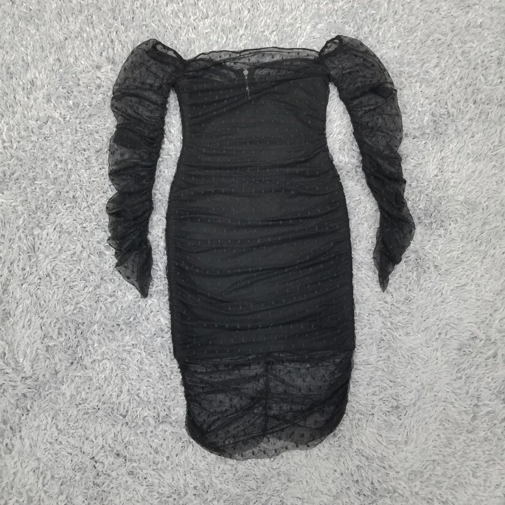 

2021 Summer Mesh Polka Dot Print Long Sleeve Casual Bodycon Off Shoulder Black Bandage Dress Femme Elegant Party Robe Vestidos