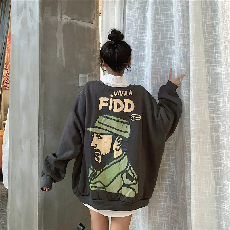 

Korean Printing O-neck Hoodies Female Fashion Brand Loose Long Sleeve Pullover Casual Oversized Sweatshirts New Women's Clothing