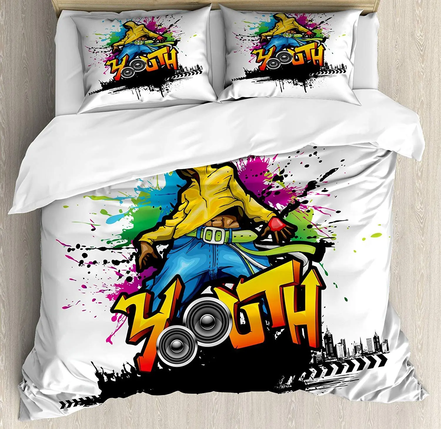 

Youth Bedding Set Young Man Hip Hop Culture Graffiti Art and Street Culture Performer Colorful Grunge Duvet Cover Pillowcase