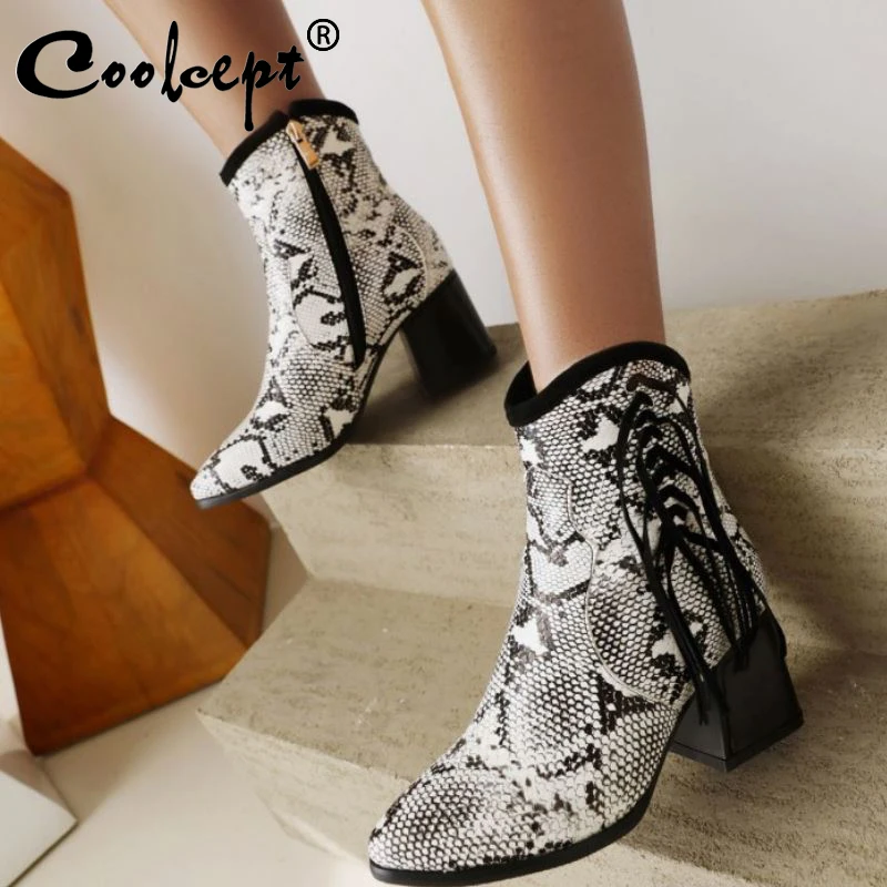 

Женские ботильоны CoolCept размеров 31-43, модные ботинки на Высоком толстом каблуке, короткие ботинки со змеиным узором, модная обувь 2022