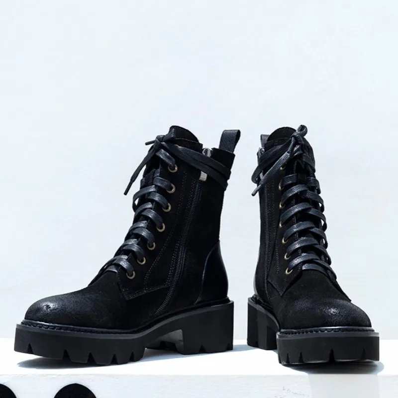 Женские мотоциклетные ботинки со шнуровкой винтажные кожаные ботильоны на