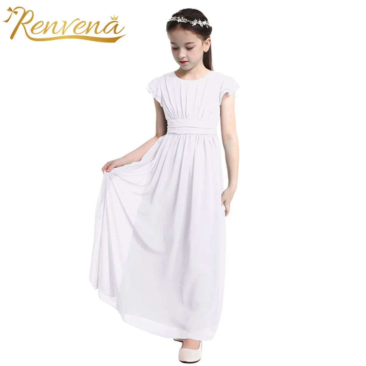 

Kids Girls Chiffon Flutter Sleeves Flower Girl Dress for Wedding Birthday Party Long Dresses First Communion Princess Dress