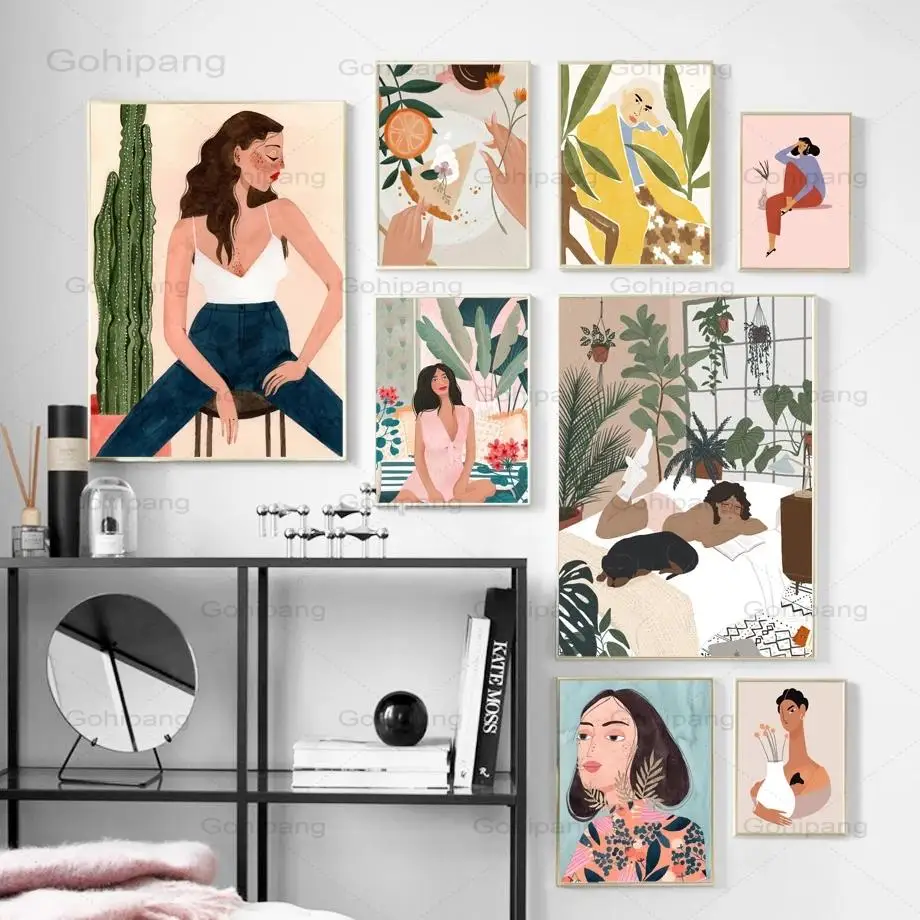 

Abstract Fashion Canvas Painting Vintage Girl Flower Plant Wall Art Nordic Posters and Prints Wall Picture for Living Room Decor