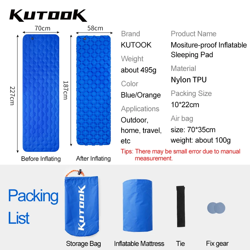 

KUTOOK Outdoor Sleeping Pad Inflatable Camping Mattress Portable Waterproof Picnic Mat Hiking Nylon TPU Travel Trekking Fishing