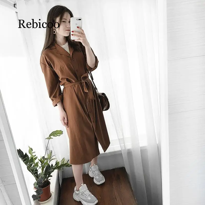 Женское однотонное платье рубашка Повседневная Свободная длинная с рукавом