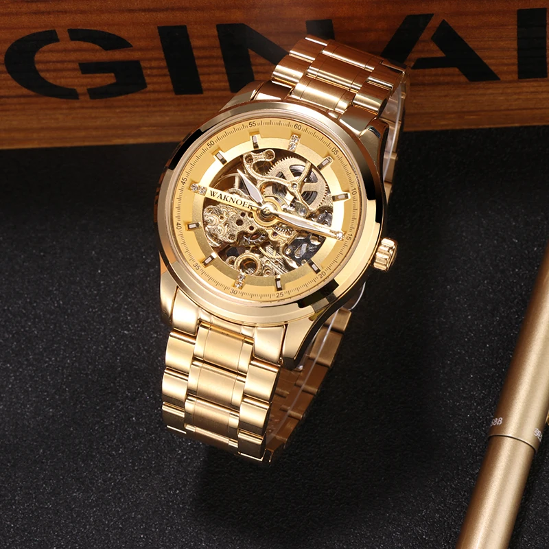 WAKNOER Мужские механические часы с полым циферблатом модный дизайн стимпанк
