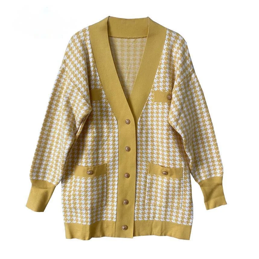 

Casual Long Knitted Pink Cardigan Female Autumn Winter Drop Shoulder Sweater Coat Basic Button Women's Houndstooth Tops C-308