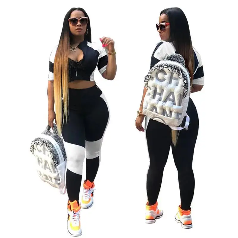 

FNOCE Cross-border Foreign Trade Spring And Summer New Splicing Black And White Casual Home Sexy Ladies Two-piece Suit