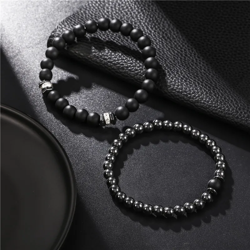 

Fashion 2Pcs/Set Mens Couple Bracelets Sets Temperament 6/8mm Hematite Beaded Bracelet Pave Cubic Zirconia Bangle Set Jewelry