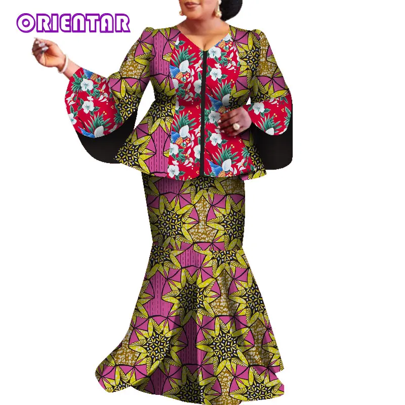 2 Pieces Set African Suits for Women African Clothes African Print Patchwork Tops and Skirt Women African Long Skirts Set WY6971
