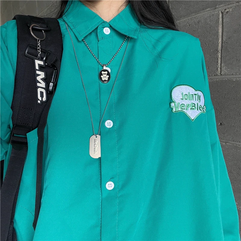 

New Spring Shirt Women Harajuku Loose Long Sleeve Blouse Vintage Embroidery Patch Love Straight Single Breasted Man Female