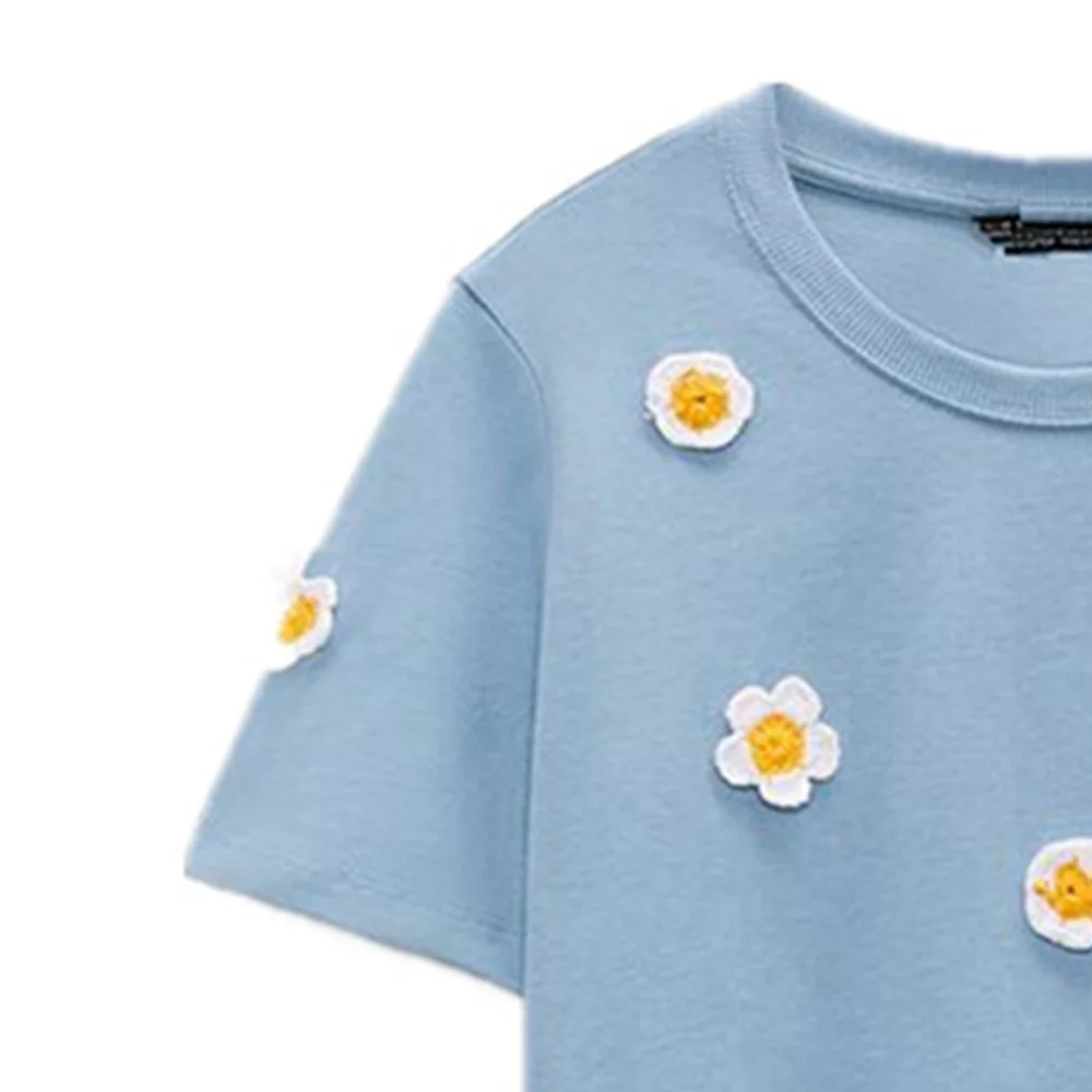 

2021 ZA summer new pure cotton Daisy embroidered short-sleeved T-shirt top RA 1131365 1131/365