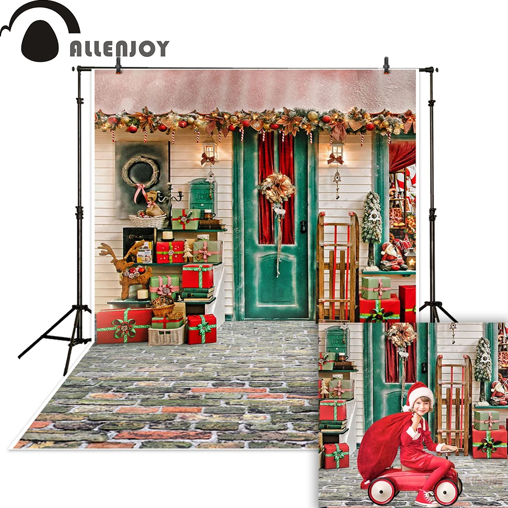 Allenjoy фон для фотосъемки Новогодняя Рождественская елка санта венок дверь подарок магазин кирпичный пол Декор зимний фон для фотосессии