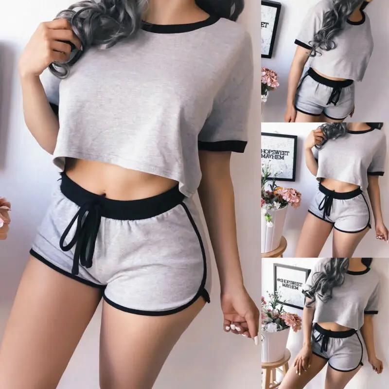 Новое поступление нам Для женщин 2 шт./компл. Спортивный костюм наряд серые топы с