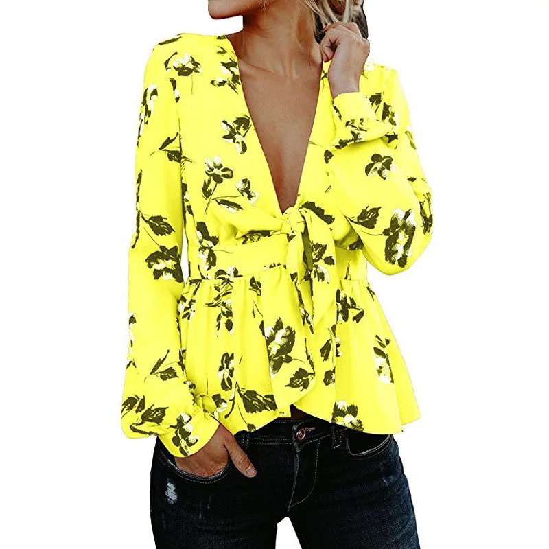 

Fashion Spring Sexy Deep V Neck Tie with Long Sleeve Loose Ladies Shirt Floral Print Womens Tops and Blouses Pleated Streetwear