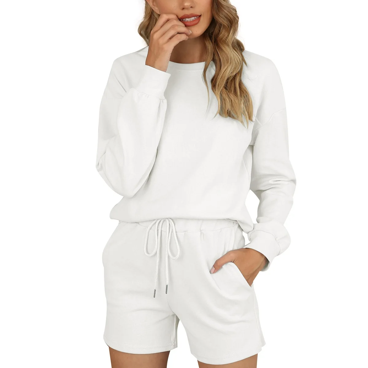 

Donsignet Women's Suit New Fashion Summer Round Neck Pullover Solid Color Pockets Home Comfort and Leisure Two-piece Suit