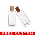 Бесплатный логотип на заказ, 120 мл, роскошная пустая квадратная Толстая стеклянная бутылка для духов и деревянная крышка для косметического контейнера