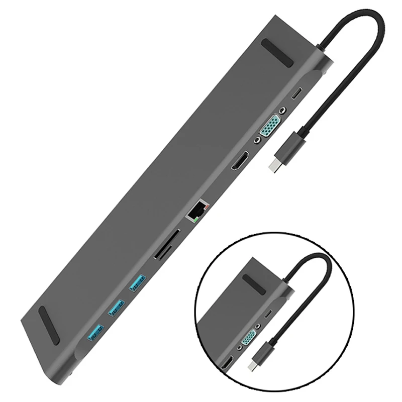 

10 in 1 USB Type C Hub Adapter Laptop Docking Station HDMI VGA RJ45 PD Compatible for HP/ Lenovo/ Surface Gray