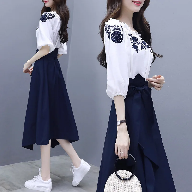 

Женское платье-двойка с вышивкой, комплект из двух предметов с юбкой выше колена в французском ретро-стиле, весна-лето 2021