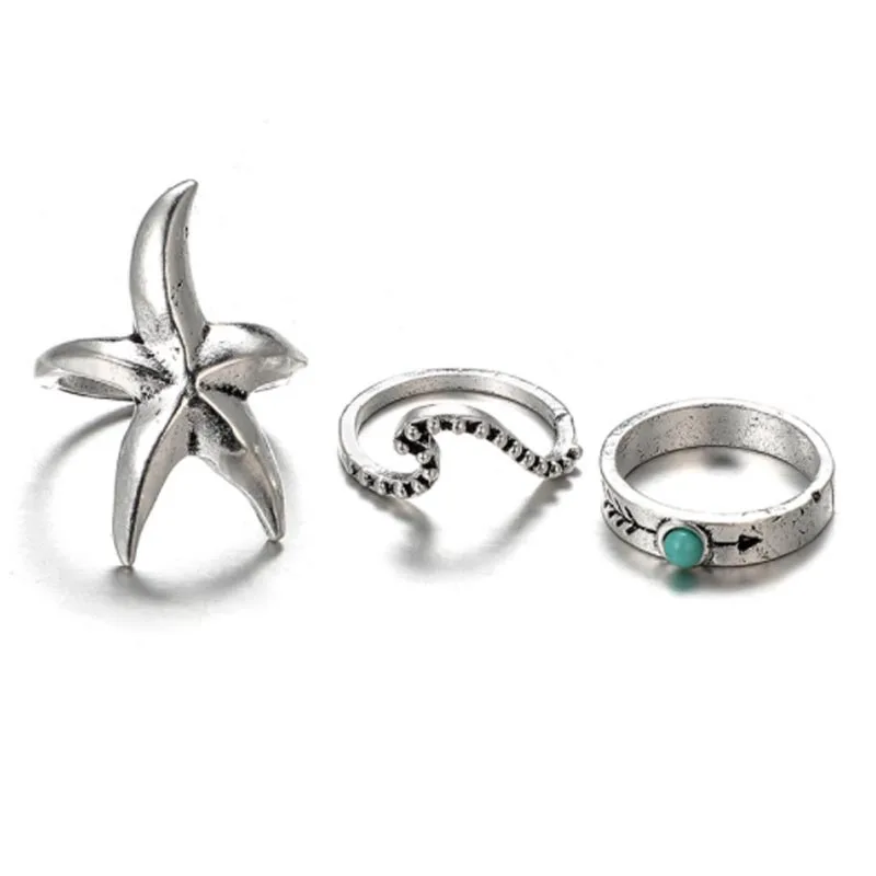3pcs/Set Vintage Antique Silver Starfish Wave Arrow Knuckle Finger Midi Rings Set for Women Bohemia Ring Jewelry | Украшения и