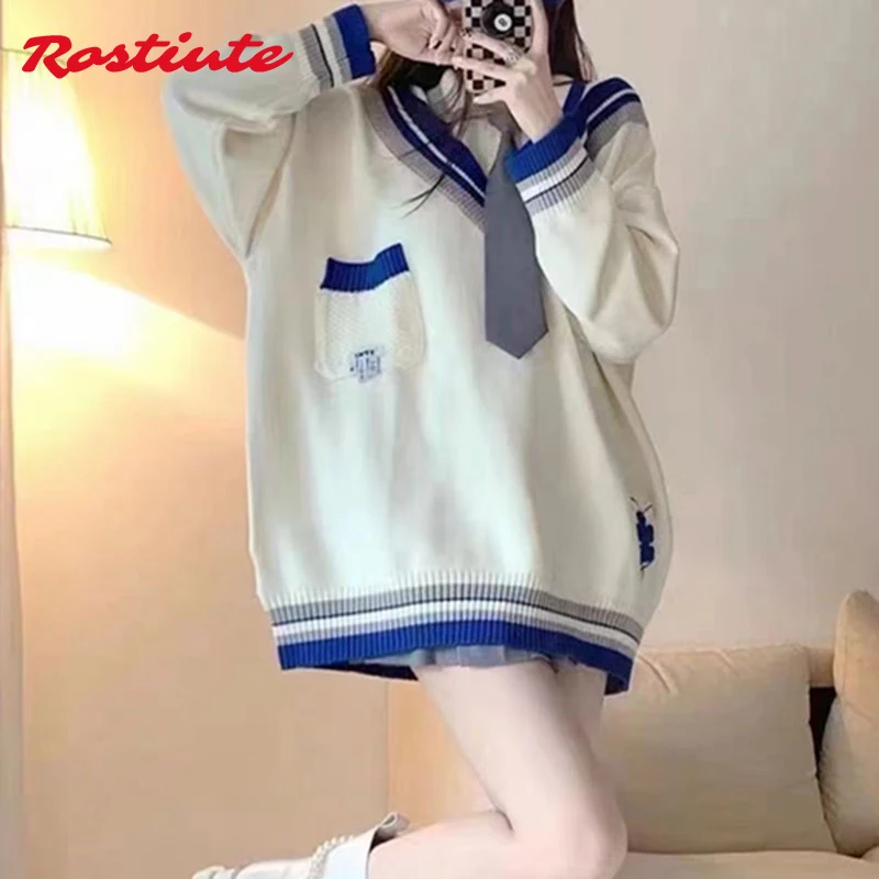 

Rostiute2021 Women's Fashion V-neck Knitwear College Wind Long Sleeve Top All-match Loose Cute Polo Neck Sweater Women