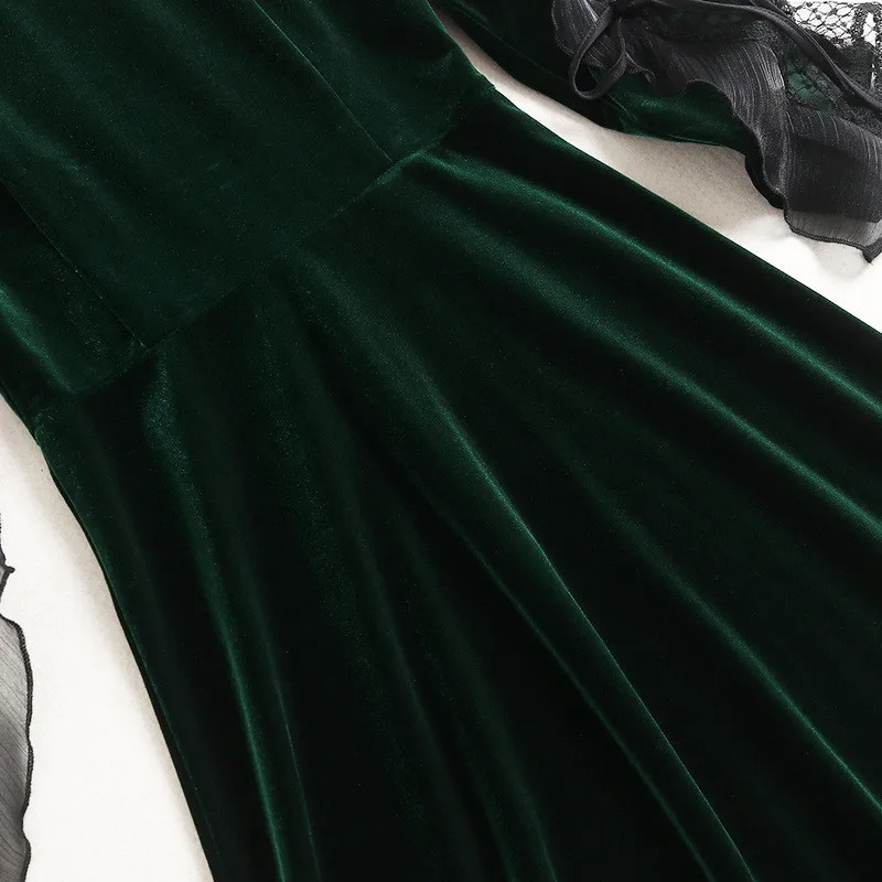 

New Arrival Long Sleeve Autumn Dress Womens Clothing 2020 New Fashion Mesh Patchwork Green Midi Sexy Velvet Dresses