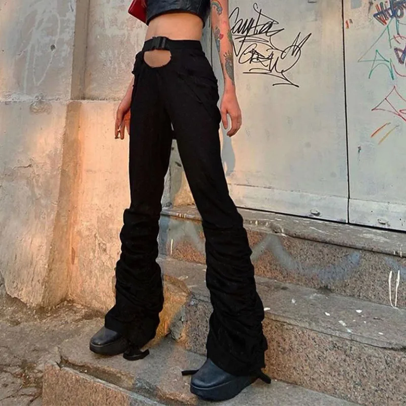 

Hollow Out High Waist Y2K Women's Pants Pleated Black Hot Girls Slim Women 2021 Summer Streetwear Pants Female Long Trousers