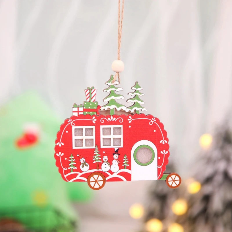 

4 PCS Christmas Painted Tree Pendant Xmas Wooden Ornaments LED Hanging Decor for Holiday Xmas Party Home Decoration