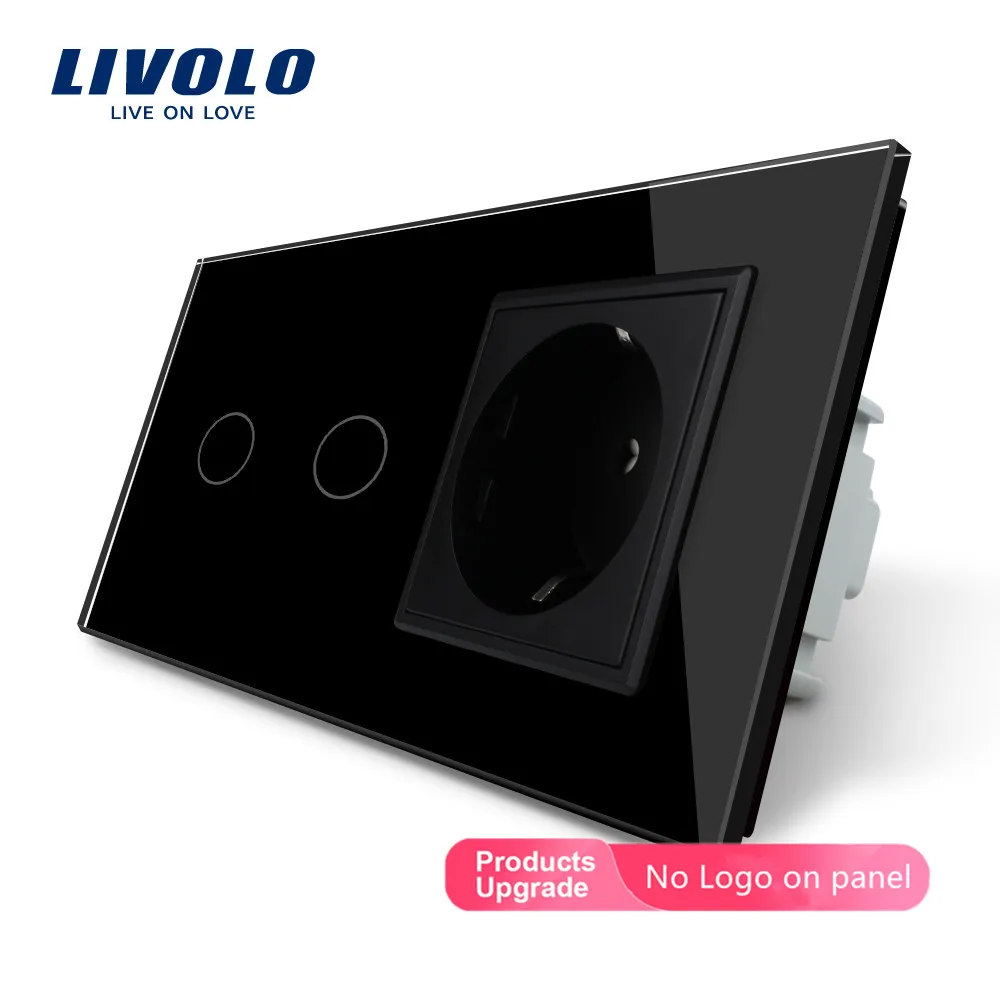 Black-No logo Livolo 16A ЕС стандартная настенная розетка с сенсорным выключателем, AC220~ 250 В, 7 цветов кристальная стеклянная панель, C702-C7C1EU-11, без логотипа - Тип: Black-No logo