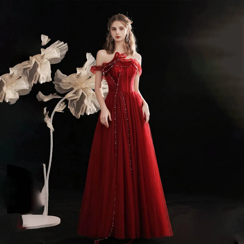 Вечернее платье с вырезом лодочкой, Бордовое платье до пола с жемчугом и короткими рукавами, на шнуровке, ТРАПЕЦИЕВИДНОЕ Тюлевое женское пл...