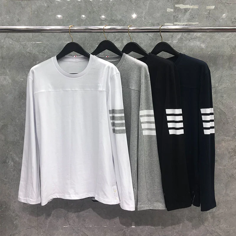 

Fashion 2021 TB THOM Brand T-Shirt Men Slim Fit Long Sleeve Casual Clothing Spring Autumn O-neck Striped Cotton Shirts Ins