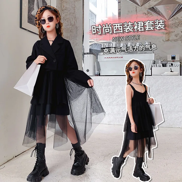 Короткие костюмы для девочек осень 2021 Новое Детское Сетчатое платье в западном