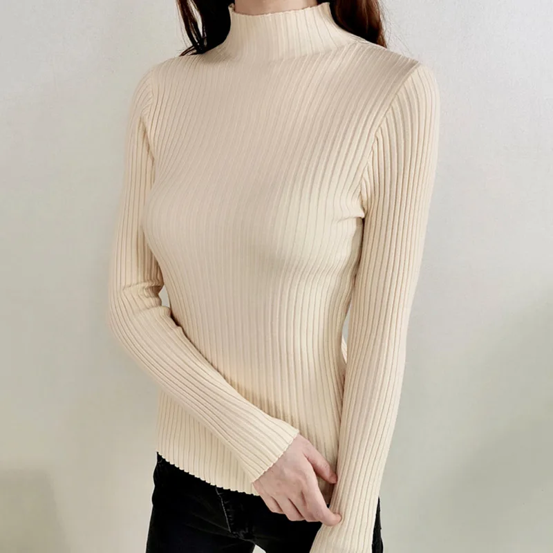 

2019 Women Autumn Knitted Sweater Solid Knitted Female Cotton Soft Elastic Color Pullovers Basic Full Sleeve Turtleneck
