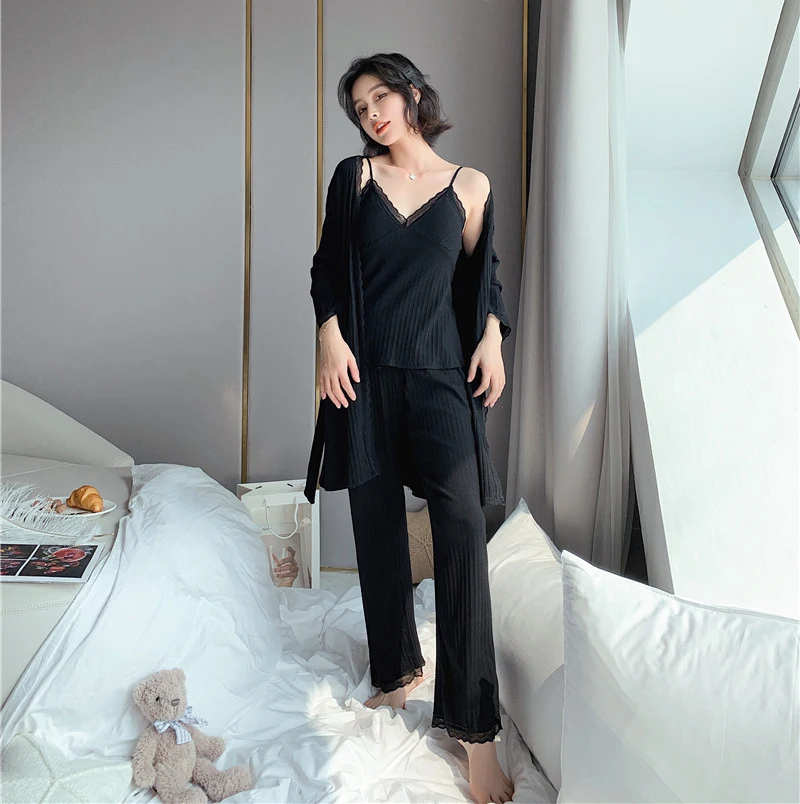 Сексуальный женский халат пижама 3 шт. ремень топ брюки костюм одежда для сна