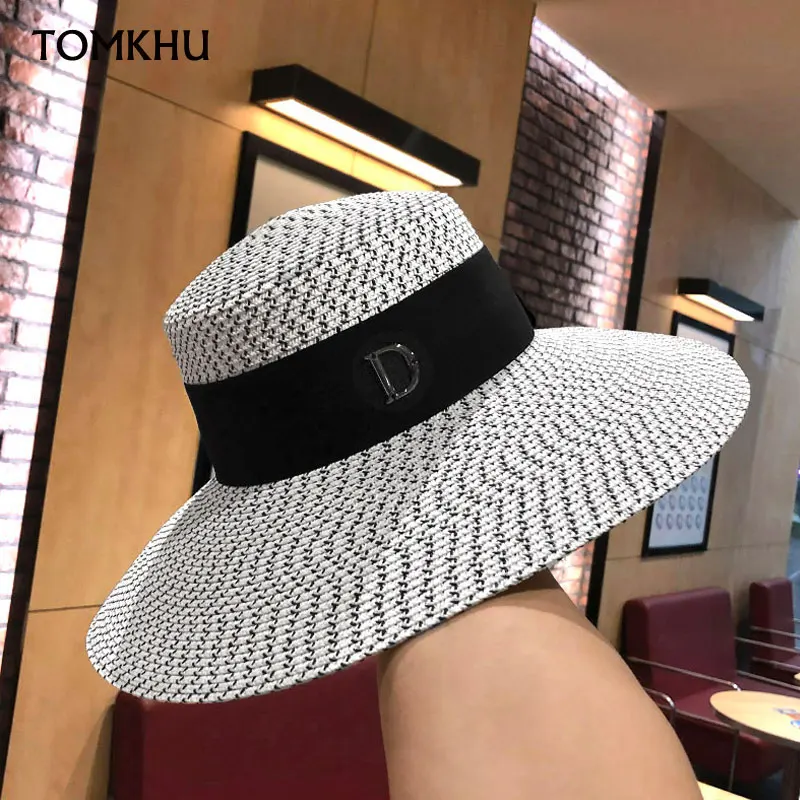 Natural Women Vintage Sun Hats Black Ribbon Flat Top Large Big Wide Brim Straw Hats Straw Hat Chapeu Sombrero Beach Hat 2020 New