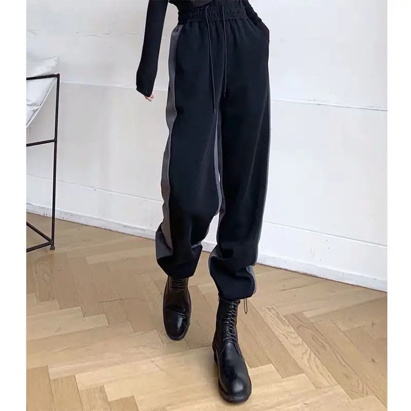 

Black Wide Leg Pant Spring 2021 Fsahion Splice Sweatpants Women High Waist Solid Loose Streetwear Women Trousers